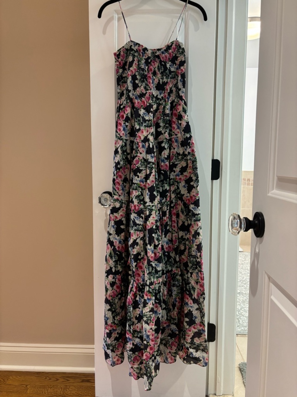 Rebecca Taylor Navy Floral Smocked Maxi Dress with Pink & Green